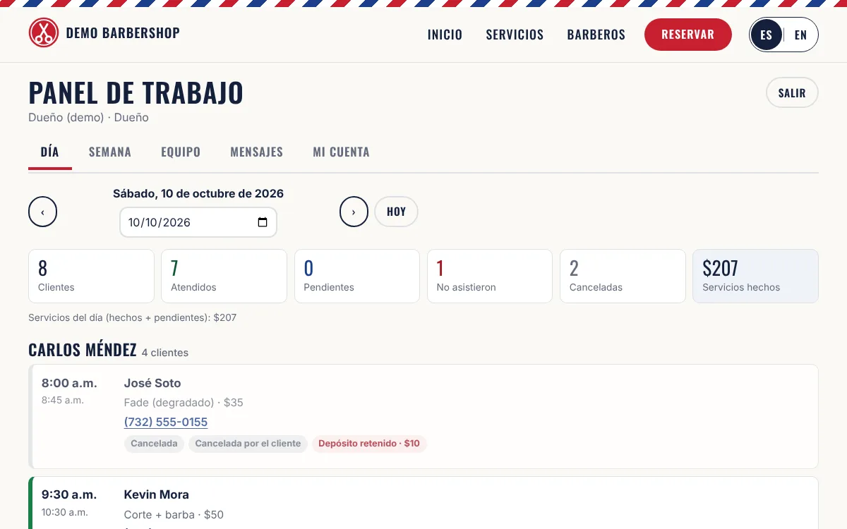 Captura del panel de trabajo de Demo Barbershop Plus