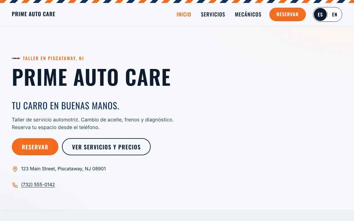 Ejemplo de la página de inicio de Prime Auto Care